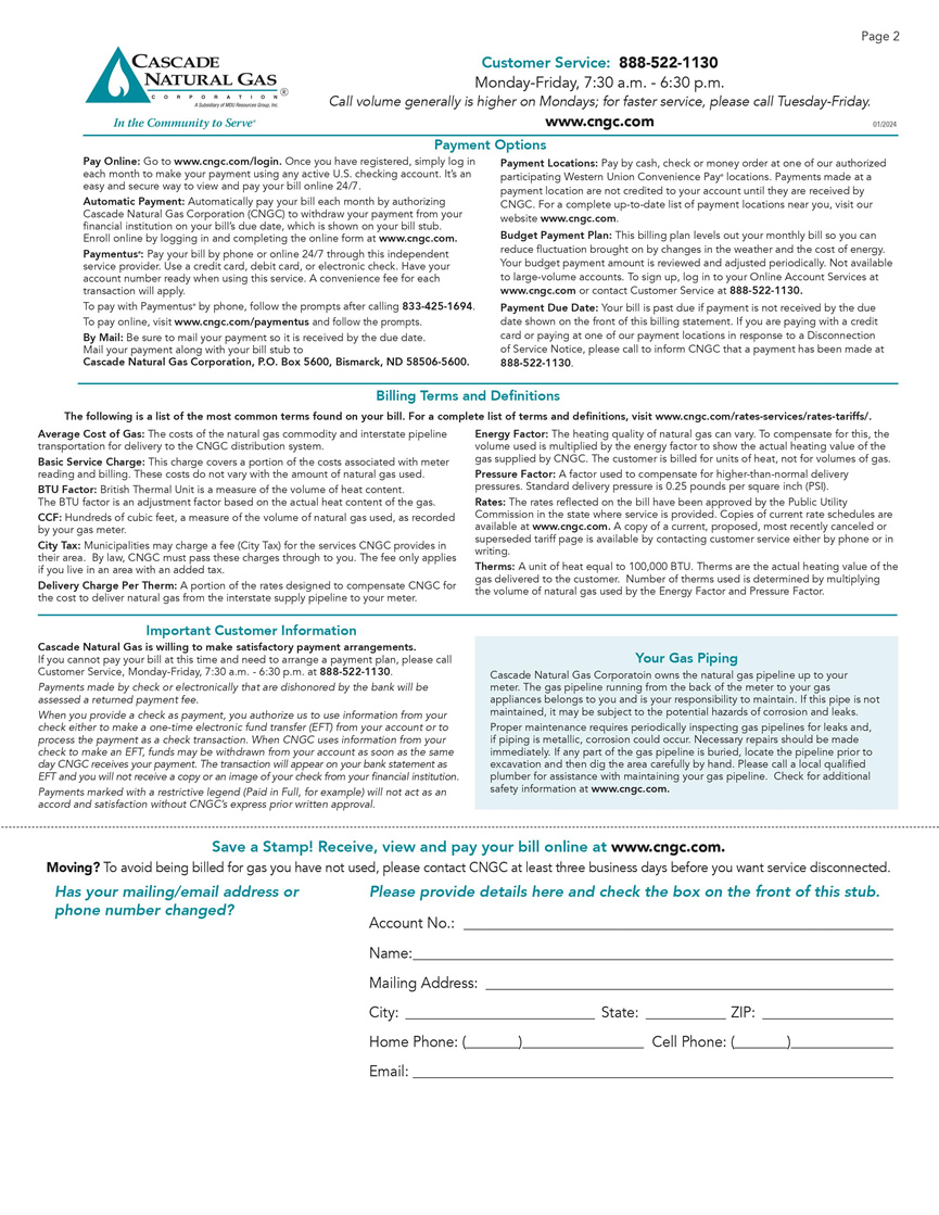 Back of Cascade Natural Gas bill